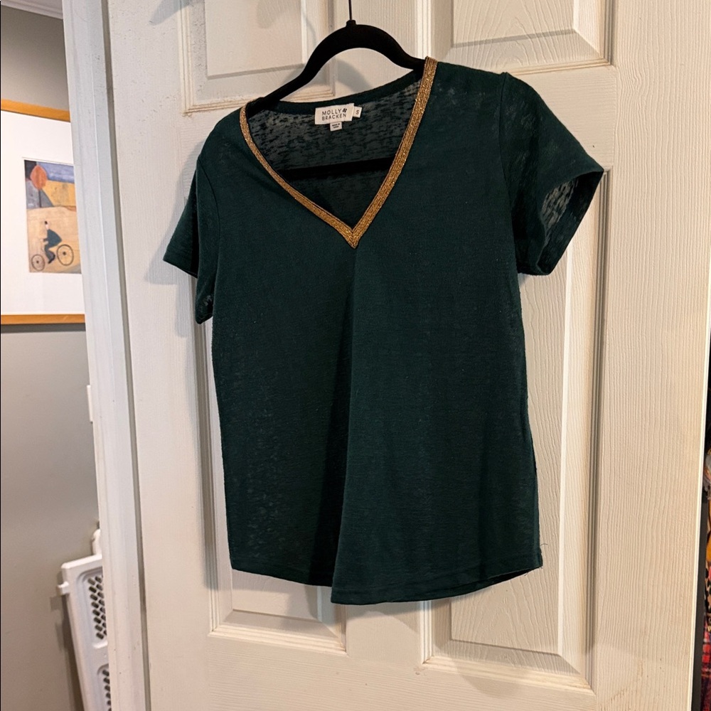 Molly Bracken Deep Green V-Neck Tee with Gold Trim